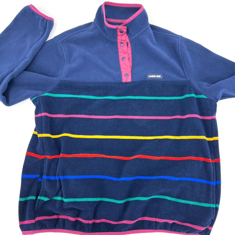 Lands End Womens Heritage Fleece Rainbow Stripe ¼ Snap Pockets Size XL Preowned